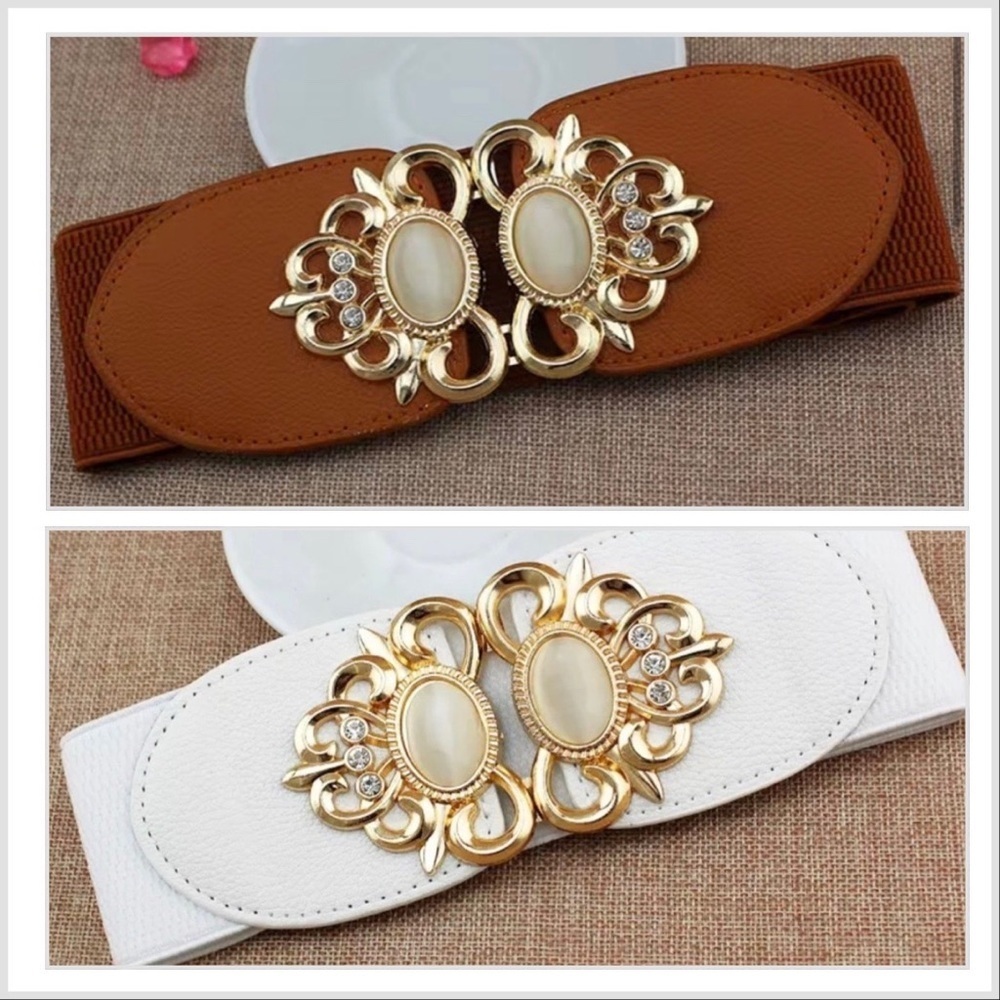White & Beown Elastic Leather Gemstone Wide Fashion Belt Set of 2